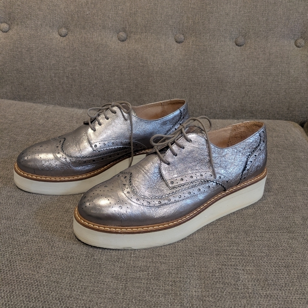 Jonak London Metallic Silver Platform Oxford Shoes Size EU 40 US 9.5 - Picture 2 of 8